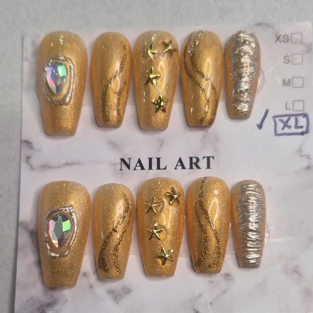 💋Press On Nails - Gold and Silver  Shimmer with Rhinestone and Star Accents
